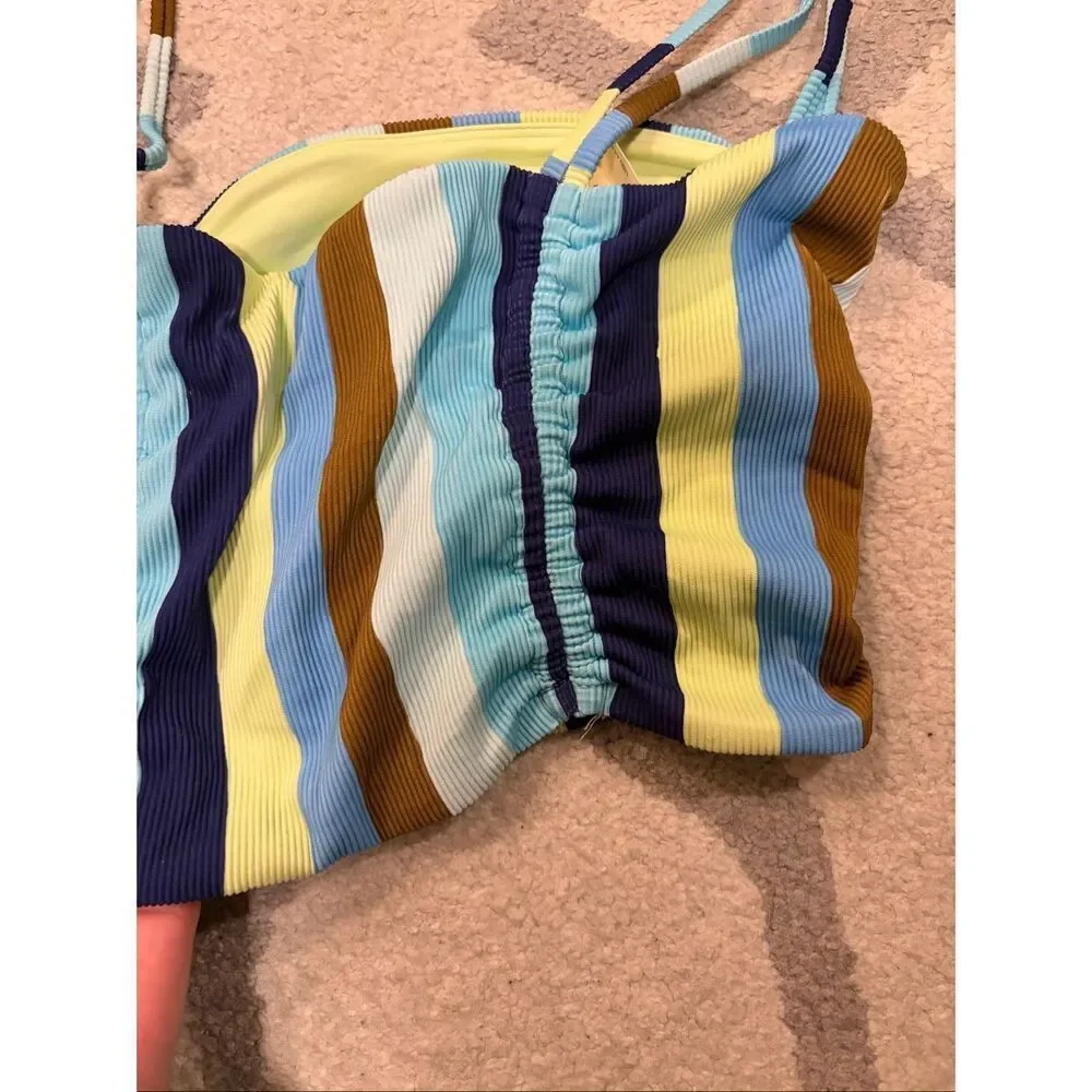 NWT Aerie Ribbed Longline Bandeau Bikini Top Blue Green Stripe Tie Straps Size M